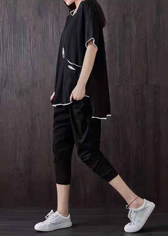 Black Pockets Patchwork Tops and Pants Cotton Two Piece Suit Set Summer