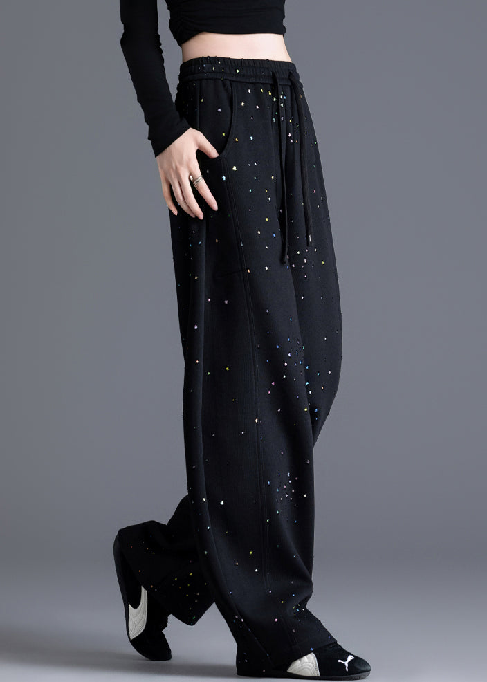 Black Pockets Print Elastic Waist Denim Pants Spring