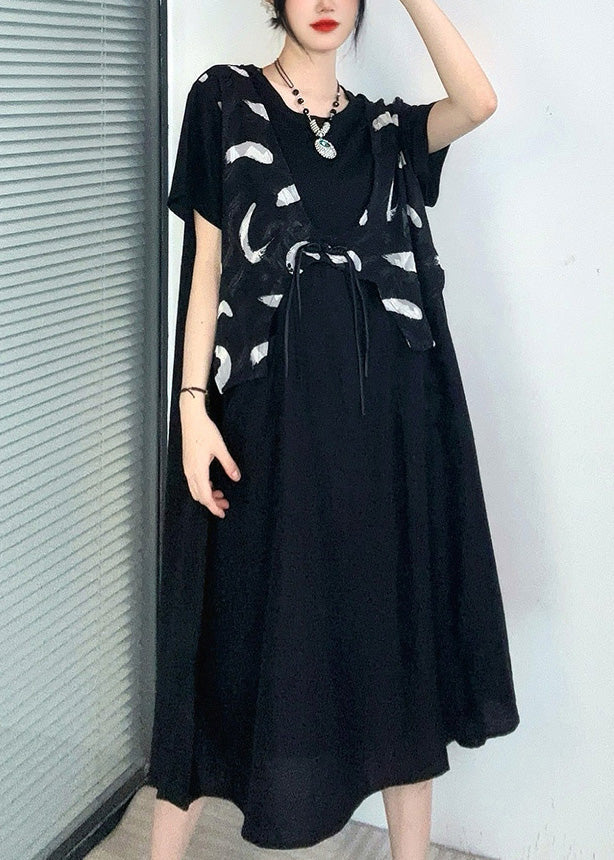 Black Print Button Fake Two Pieces Long Dress Short Sleeve