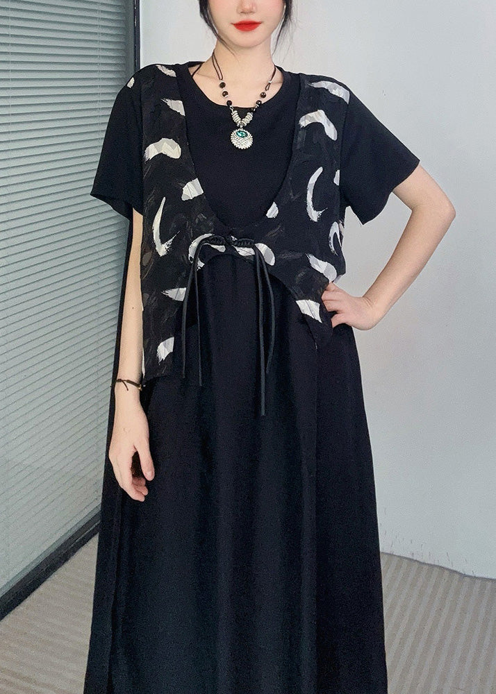 Black Print Button Fake Two Pieces Long Dress Short Sleeve