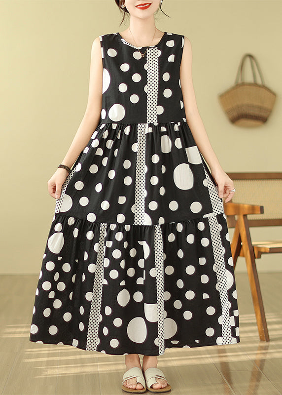 Black Print Exra Large Hem Cotton Long Dress Sleeveless