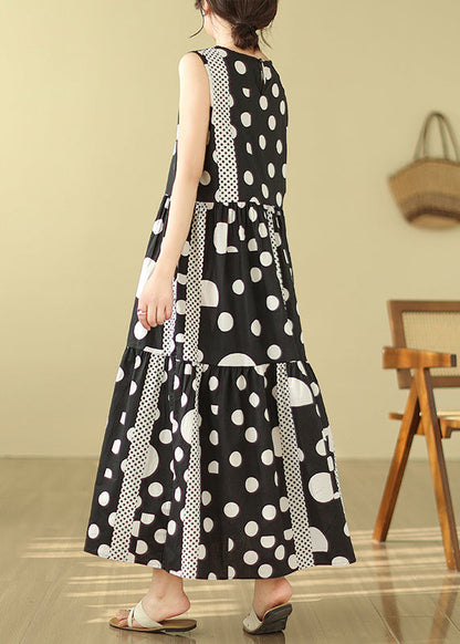 Black Print Exra Large Hem Cotton Long Dress Sleeveless