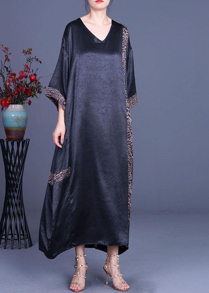 Black Print Patchwork Silk Asymmetrical Design Summer Party Dress