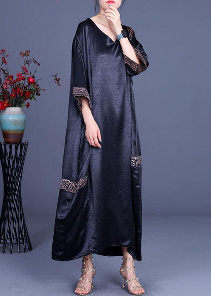 Black Print Patchwork Silk Asymmetrical Design Summer Party Dress