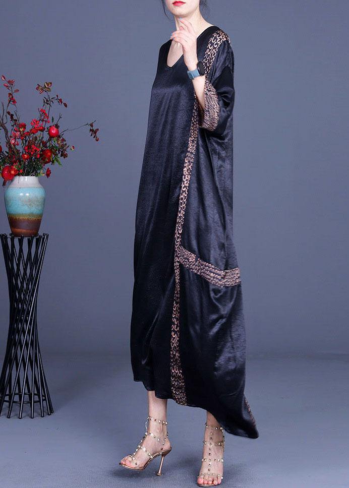 Black Print Patchwork Silk Asymmetrical Design Summer Party Dress