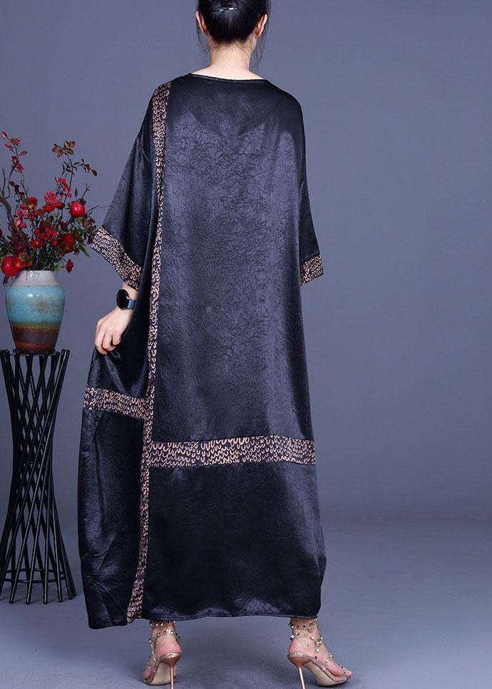 Black Print Patchwork Silk Asymmetrical Design Summer Party Dress
