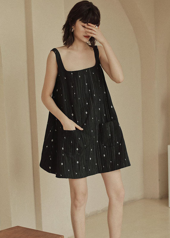 Black Print Pockets Cotton Strap Dress Sleeveless