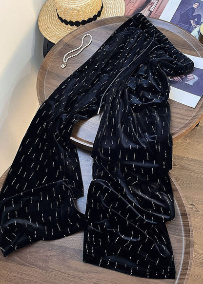 Black Print Wrinkled Elastic Waist Wide Leg Pants Fall
