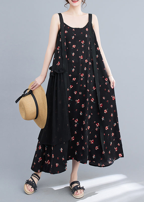 Black Ruffled Patchwork Print Chiffon Strap Dress Summer
