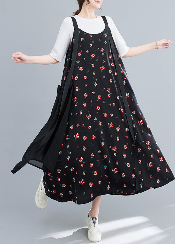 Black Ruffled Patchwork Print Chiffon Strap Dress Summer
