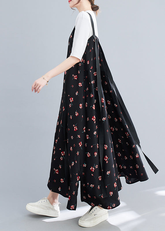 Black Ruffled Patchwork Print Chiffon Strap Dress Summer
