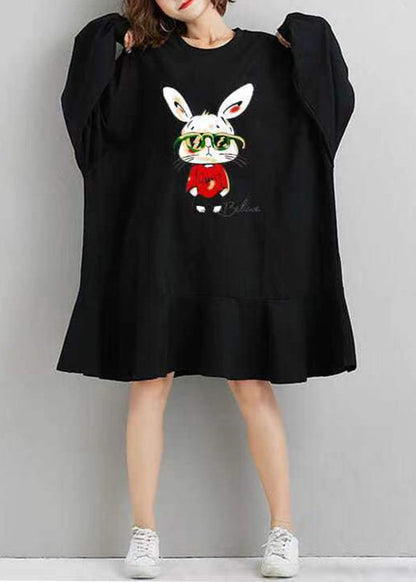 Black Ruffled Print Patchwork Cotton Dresses Fall