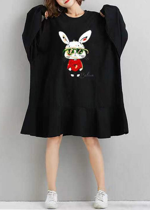 Black Ruffled Print Patchwork Cotton Dresses Fall