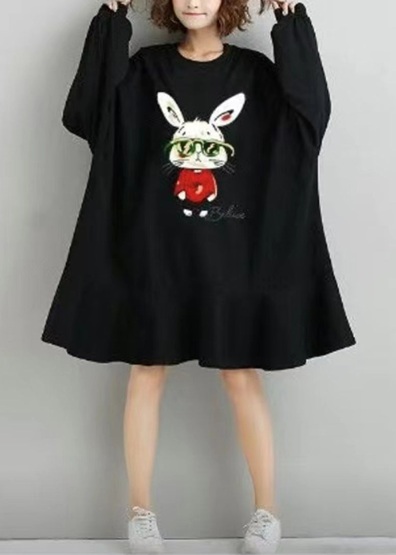 Black Ruffled Print Patchwork Cotton Dresses Fall