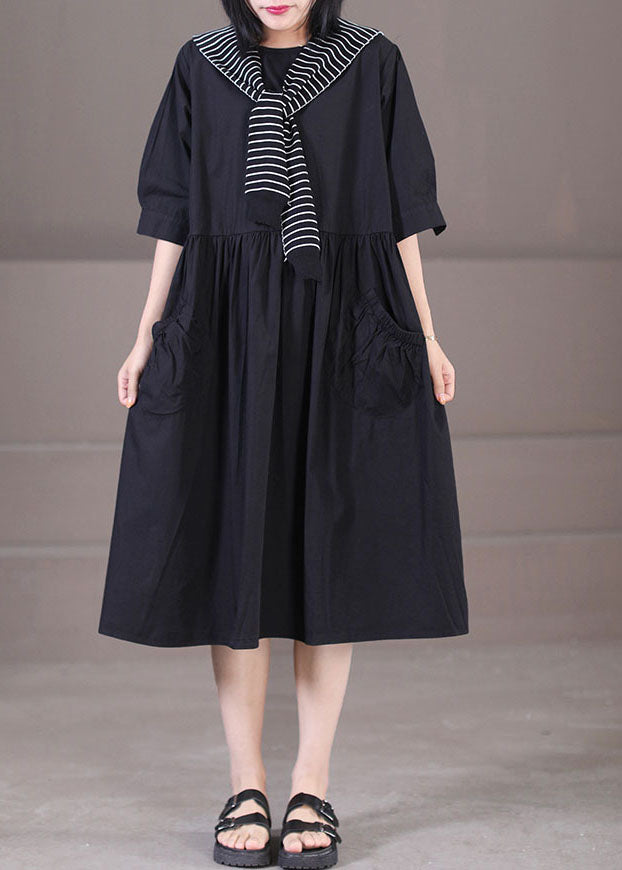 Black Sailor Collar Patchwork Cotton Pleated Dress Half Sleeve