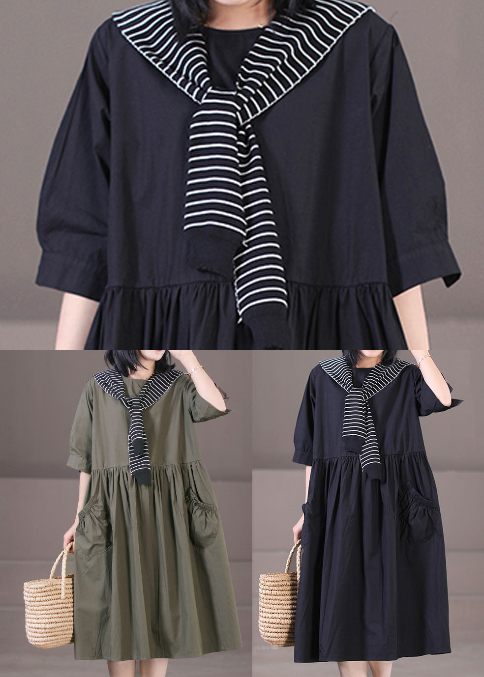 Black Sailor Collar Patchwork Cotton Pleated Dress Half Sleeve