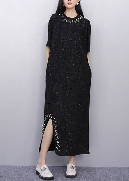Black Sequins Side Open Cotton Straight Dress Summer
