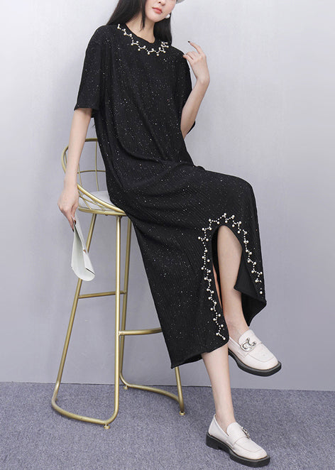 Black Sequins Side Open Cotton Straight Dress Summer
