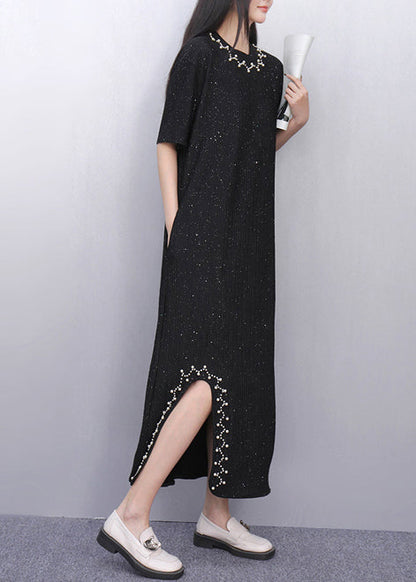 Black Sequins Side Open Cotton Straight Dress Summer