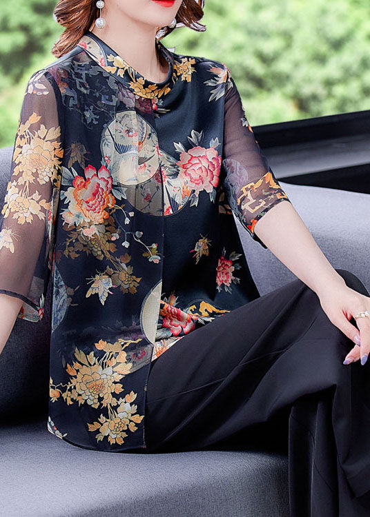 Black Stand Collar Patchwork Tulle Print Silk Shirts Half Sleeve