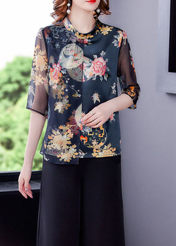 Black Stand Collar Patchwork Tulle Print Silk Shirts Half Sleeve