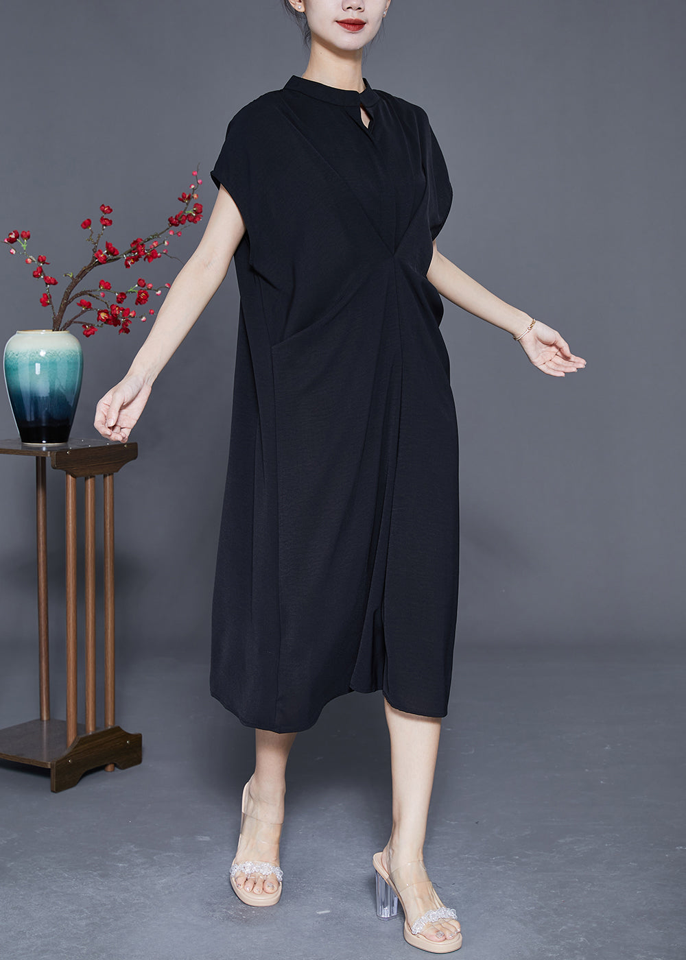 Black Stand Collar Wrinkled Spandex Long Dresses Summer