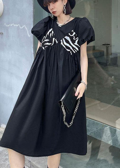 Black Striped Cotton O Neck Cinched Dress