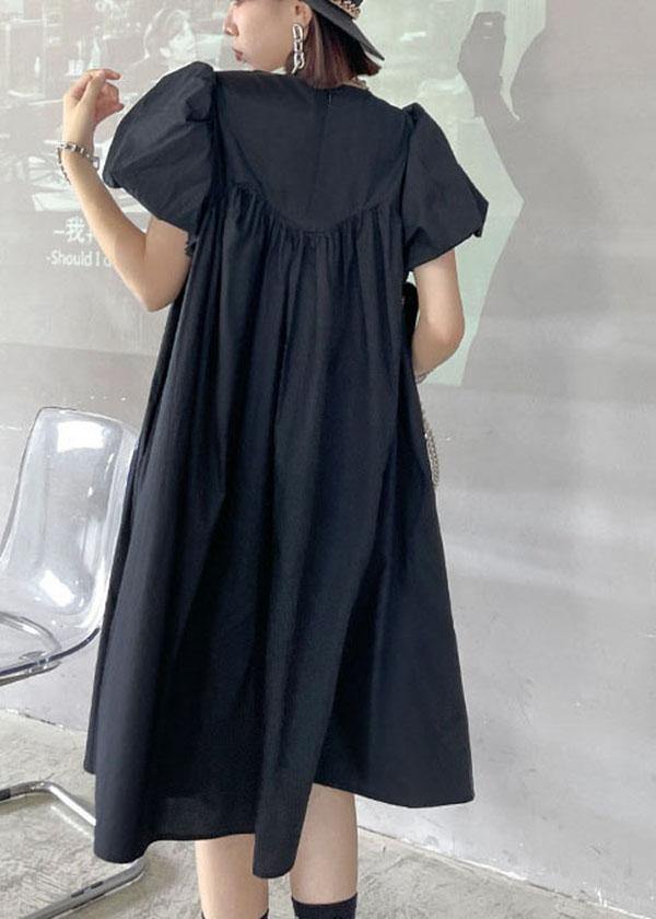 Black Striped Cotton O Neck Cinched Dress