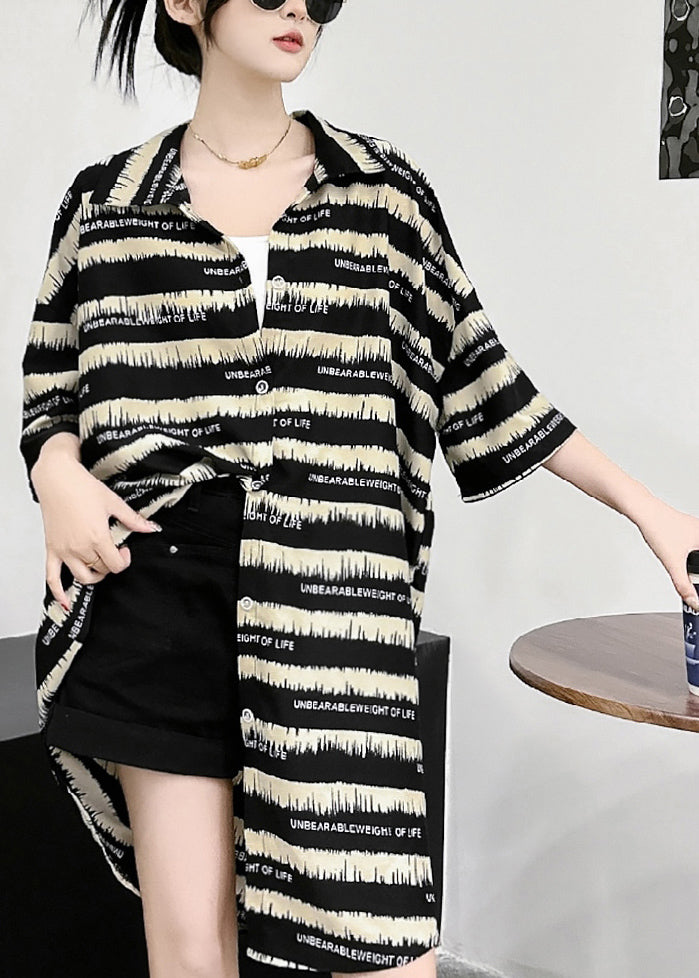 Black Striped Peter Pan Collar Ice Silk Mid Dress Short Sleeve