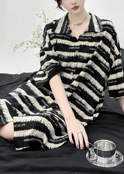 Black Striped Peter Pan Collar Ice Silk Mid Dress Short Sleeve
