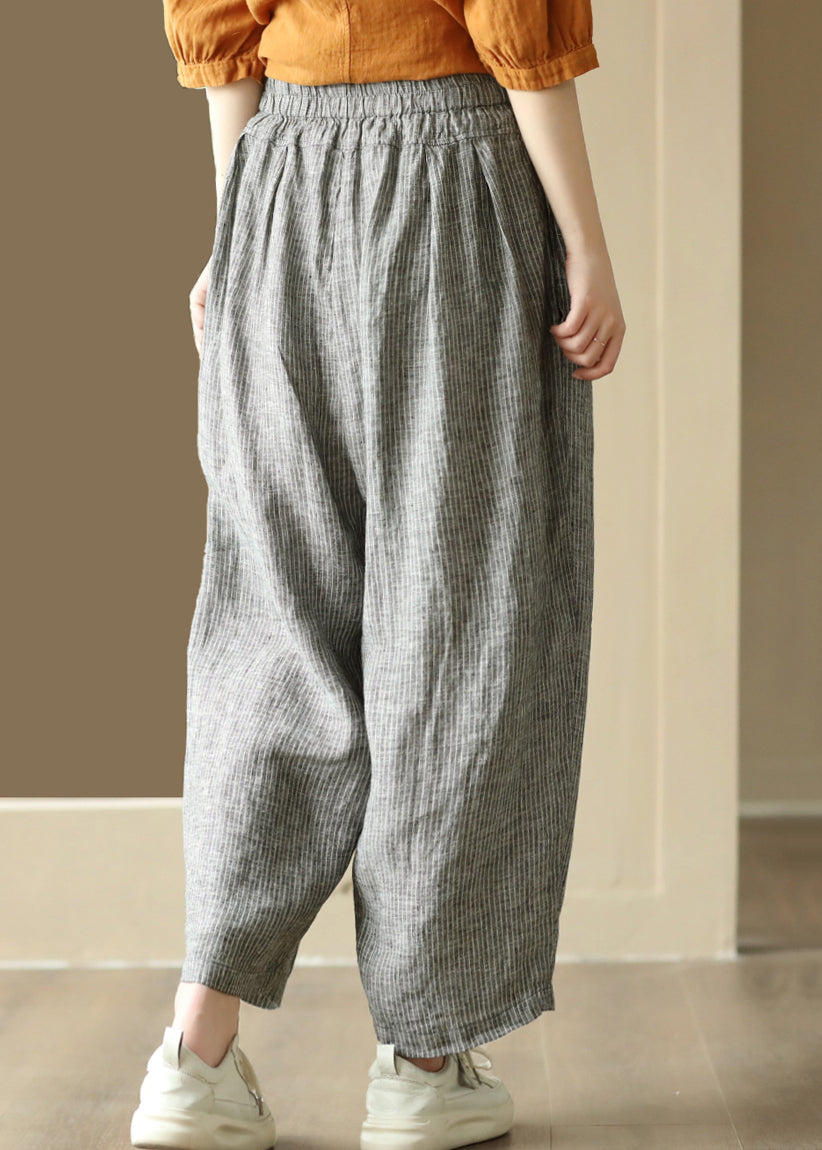 Black Striped Pockets Elastic Waist Linen Harem Pants Summer