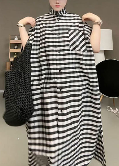 Black Striped Stand Collar Button Maxi Dress Short Sleeve