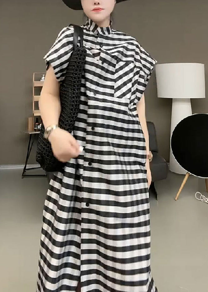 Black Striped Stand Collar Button Maxi Dress Short Sleeve