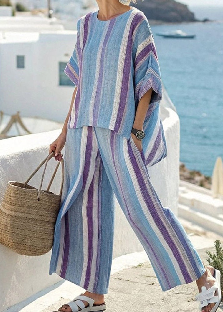 Black Striped T Shirts and Crop Pants Two Pieces Set Summer