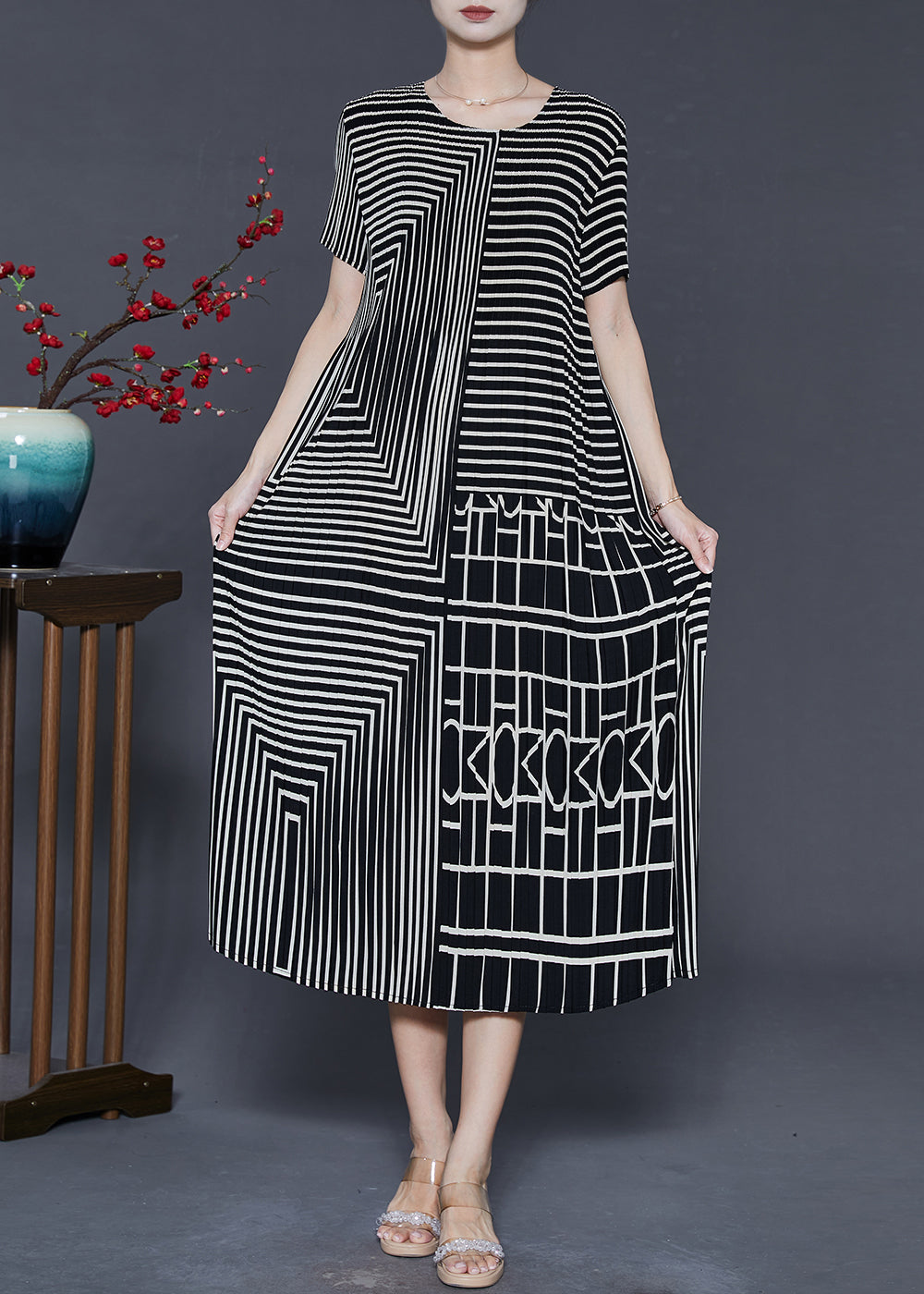 Black Striped Wrinkled Chiffon Long Dresses Summer