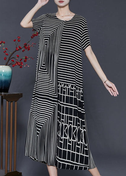 Black Striped Wrinkled Chiffon Long Dresses Summer