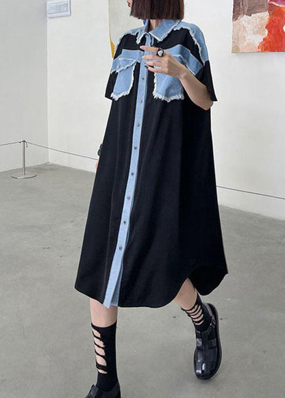 Black Summer Splicingpocke Patchwork Maxi Dresses Short Sleeve Cotton