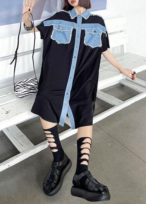 Black Summer Splicingpocke Patchwork Maxi Dresses Short Sleeve Cotton