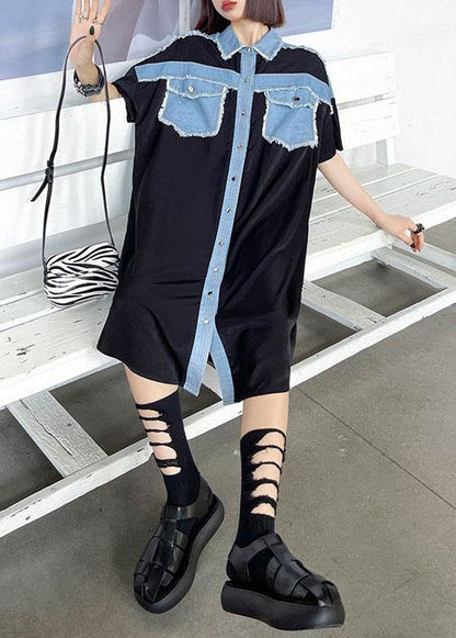 Black Summer Splicingpocke Patchwork Maxi Dresses Short Sleeve Cotton