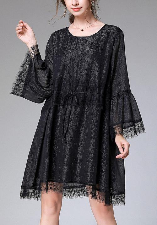 Black Tie Waist Flare Sleeve Mini Summer Chiffon Dress
