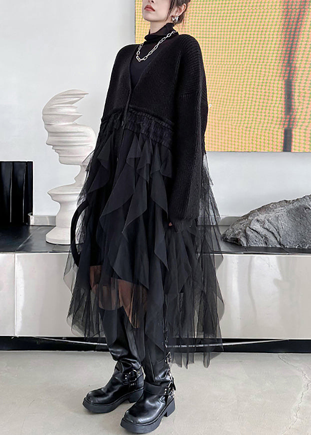 Black Tulle Patchwork Cotton Knit Maxi Sweater Dress Batwing Sleeve