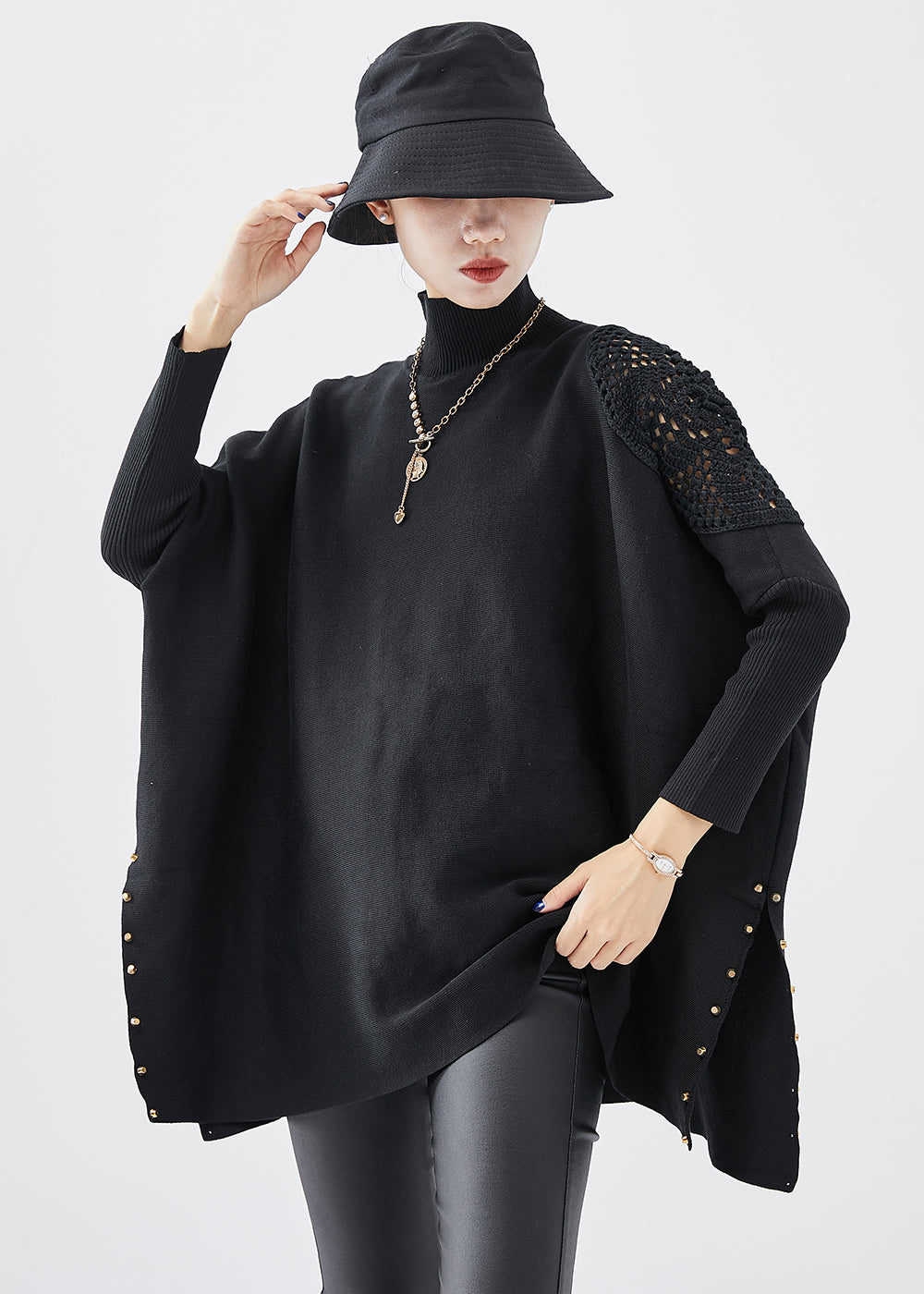 Black Turtle Neck Oversized Side Open Knit Top Fall