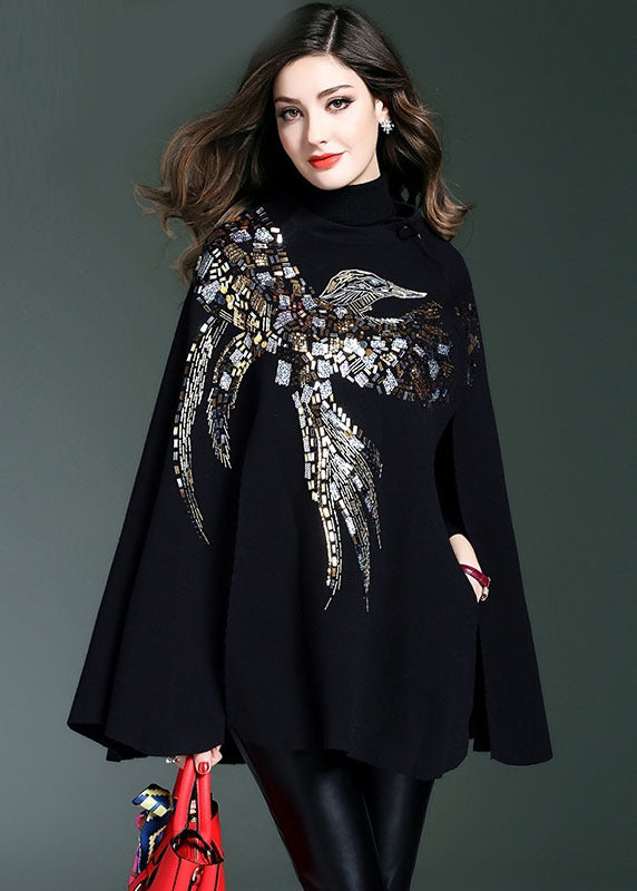 Black Turtle Neck Sequins Knit Sweater Cloak Sleeves