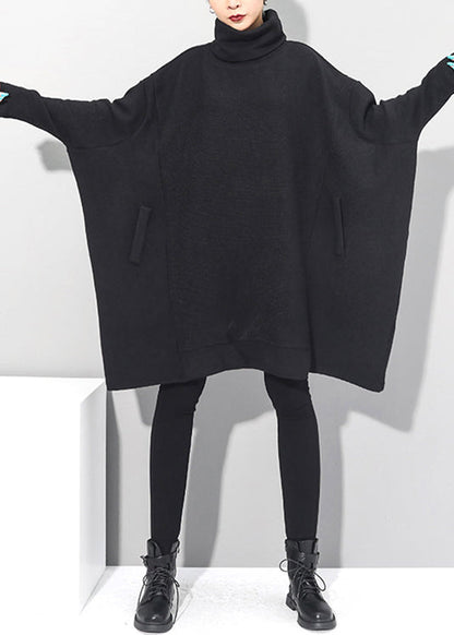 Black Turtleneck Knit Mid Dresses Batwing Sleeve