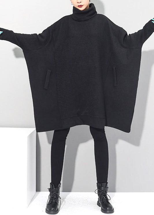 Black Turtleneck Knit Mid Dresses Batwing Sleeve