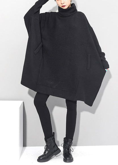 Black Turtleneck Knit Mid Dresses Batwing Sleeve
