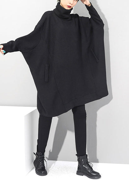 Black Turtleneck Knit Mid Dresses Batwing Sleeve