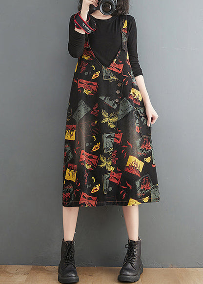 Black V Neck Asymmetrical Button Print Strap Denim Dress Summer