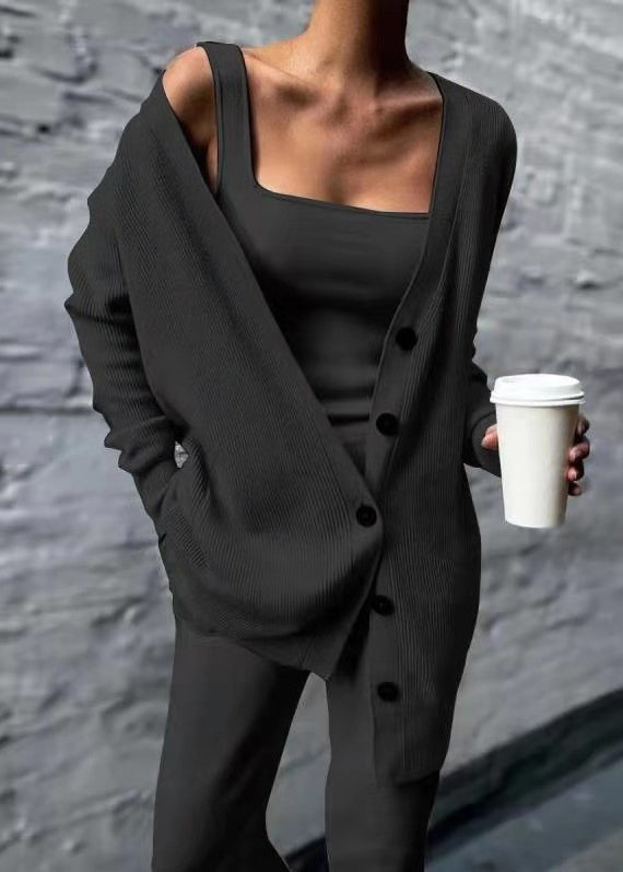 Black V Neck Button Knit Three Pieces Set Fall