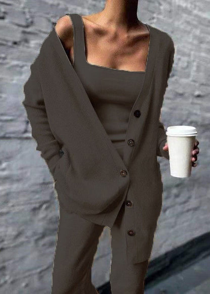Black V Neck Button Knit Three Pieces Set Fall